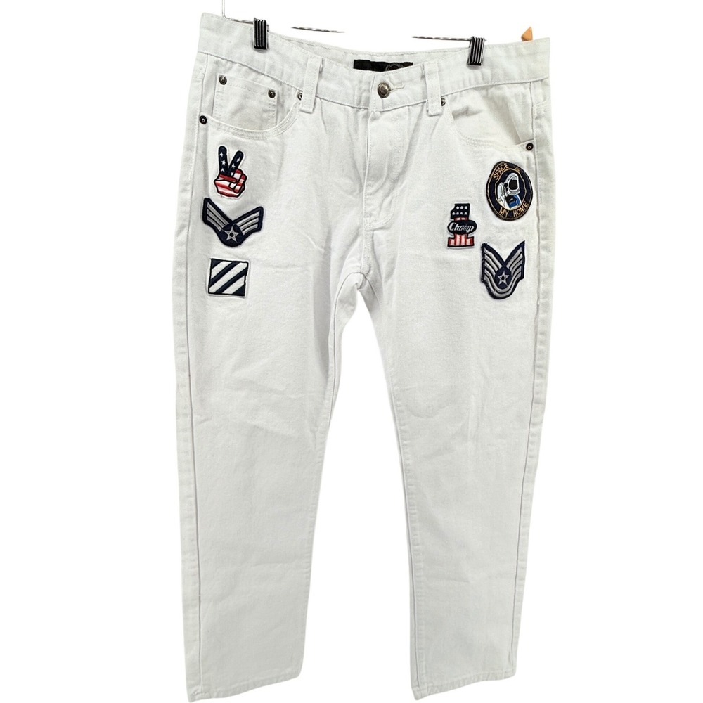 White Jeans with Patches Military‎ American Flag Theme Funky Trendy